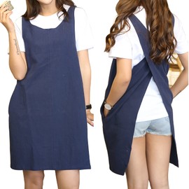YushengTai Japanese Style Aprons, Minimalist Cotton Linen Aprons with Pockets, Aprons with X-shaped Dummies, Ideal for Cooking and Barbecuing, Gardening, Relaxing and More, navy blue