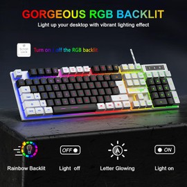 BlueFinger RGB Gaming Keyboard and Backlit Mouse Combo, USB Wired, LED Gaming Set for Laptop PC Computer Game and Work (White & Black)