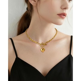 Desnuage 14K Gold Plated Heart Pendant Necklace for Women Trendy Chunky Link Chain Toggle Necklace Jewelry Gifts