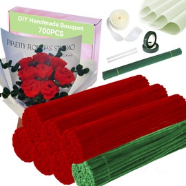 DIY Rose Making Kit 700 PCS Chenille Stems - Red Green Pipe Cleaners Craft Supplies with Floral Tools for Handmade Bouquet & Art Projects
