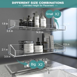 DigDozer Acrylic Bathroom Shelves 4 PCS, Different Sizes for Shower, Wall Mounted Drain Shelves for Bathroom, Bedroom, Living Room, Kitchen, Clear Floating