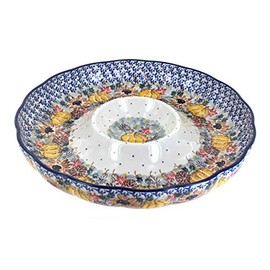 Blue Rose Polish Pottery - Brown Harvest Bounty Chip & Dip - 12" Diameter - Great for Birthday Parties, Baby Showers, & Superbowl Parties