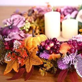 2 Pcs Fall Wreath Decor - 2024 Fall Wreaths for Front Door Outside with Blooming Silk Rose, Lifelike Fall Pumpkin Purple Berries & Bow, 18" Fall Door Wreath with Lights for Thanksgiving Door Outside