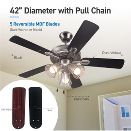 COMMERCIAL COOL 42” Contemporary Ceiling Fan with Lights, Cools up to 175 Sq. Ft., Ideal for Medium Sized Rooms, Equipped with Dual Chain, 5 Reversible Dual Finish Blades in Dark Walnut & Grey