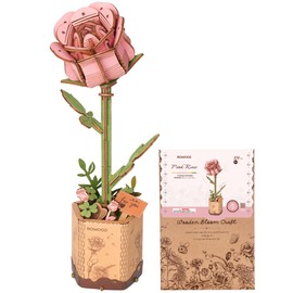 ROWOOD 3D Puzzle Pink Rose DIY Wooden Flower Model Kits for Artificial Flowers to Assemble for Adults, Best Home Decoration and Valentine's Day Toy Gift Set
