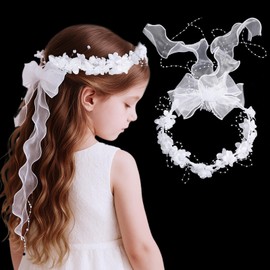 GEEHUA Flower Headband Veil, White Flower First Communion Veil Headpiece Bridal Crown Bow Wedding Veils with Pearls Hair Wreath Accessories for Women Girls