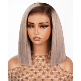 Arabella 20/Ash Blonde Bob Wig Human Hair 5x6 Wear and Go Glueless Wigs Human Hair 230% Density Ombre Straight Bob Wig Lace Front Wigs Pre Cut Lace Pre Bleached Knots(14inch, 5x6 Glueless Bob)