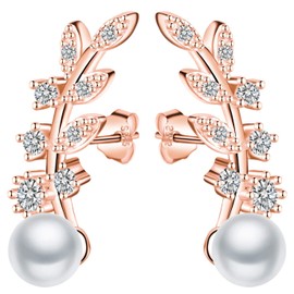 Unendlich U Fashion Leaves Women's Stud Earrings 925 Sterling Silver 5 mm Pearls Zirconia Earrings Pearls Earrings Rose Gold, Silver Cubic Zirconia, Cubic Zirconia