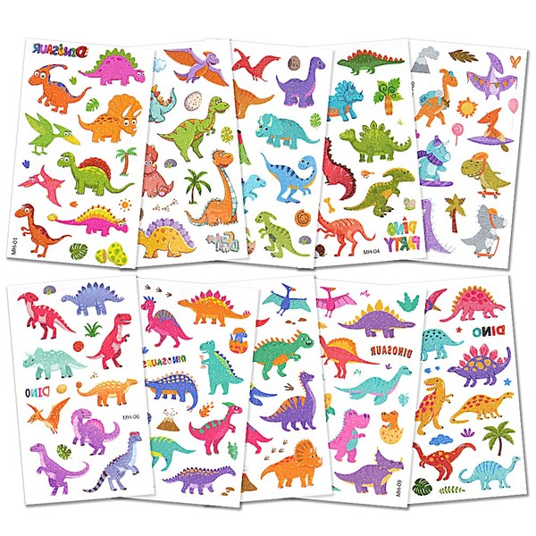AOOWU Temporary Tattoo for Kids, 10 Sheets Shiny Dinosaur Temporary Tattoos Stickers, Waterproof Removable Fake Tattoo Stickers Set for Children Birthday Gift Party Bag Filler
