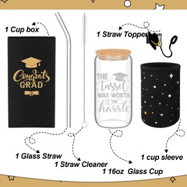 SiliFine Class of 2025 Graduation Gifts for Him or Her, the Tassel Was Worth the Hassle 16 oz Glasses Cup with Lid and Straw, Straw Stopper and Sleeve Gifts Box for College High School Student