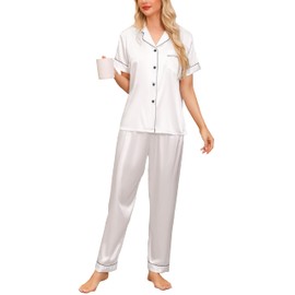 Vlazom Womens Silk Pyjamas, Soft Satin Short Sleeve Top & Long Pant Pyjamas Set Button Down Pj Sets Loungewear for All Seasons, A-White,XL