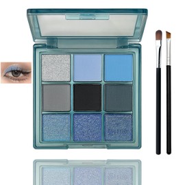 9 Colors Blue Grey Eyeshadow Palette - Cool Toned Matte, Shimmer & Glitter Shadows, High Pigment, Long Lasting, Smudge-proof - For Daily, Smokey, Stage Makeup - Blue Glitter Eyeshadow Kit