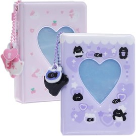 2 Pieces Photocard Binder Album, 40 Pockets Mini Photo Album Kpop, 3 Inch Kpop Love Heart Hollow Photocard Binder, Mini Photo Card Book Holder for Collecting Pendant DIY Keychian(Pink&Purple)