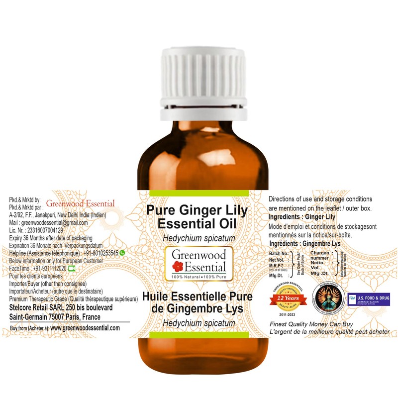 Greenwood Essential Pure Ginger Lily Essential Oil (Hedychium spicatum) Steam