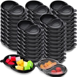 SiliFine 50 Pcs Double Compartment Condiment Container With Lids 2 Compartment Disposable Plastic Condiment Boxes Reusable Stackable for Sauce Fruit Travel Camping