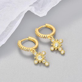 SAINT RAPHAËL Gold Crystal Cross Huggie Hoop Earrings for Women, for Men, 18k Gold Plated 925 Sterling Silver (Gold + Crystal Charm)