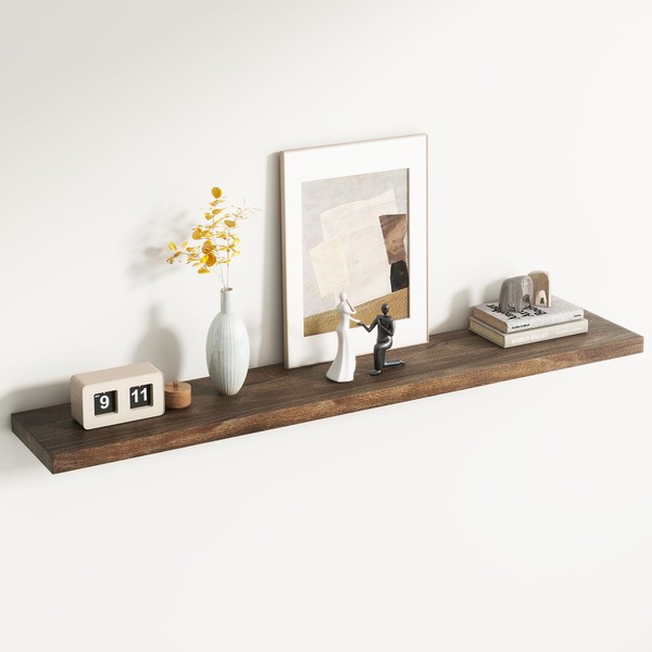 Rustic Elm Wood Floating Shelf for Wall, Flat Edge 55"W