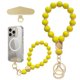 Yudaky Silicone Beaded Phone Wrist Strap, Phone Bracelet Strap with Tether Tab Elastic Hands Free Phone Wristlet Strap (Yellow)