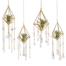 OLYCRAFT 4 Styles Hanging Air Plant Holder Golden Geometric Metal Airplant Rack Rustic Style Air Plant Rack Hanger with Crystal Pendant and Chain for Home Decor Present Idea Wall Decor