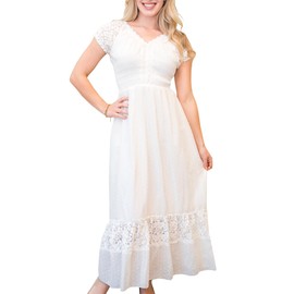 Anna-Kaci Renaissance Peasant Maiden Boho Inspired Cap Sleeve Lace Trim Maxi Dress, Cream, Large