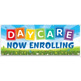 AceOrbit 2 x 6 Feet Daycare Now Enrolling Banner Sign with Grommet Polyester Fabric Weatherproof Daycare Sign for Schools Childcare Centers Business