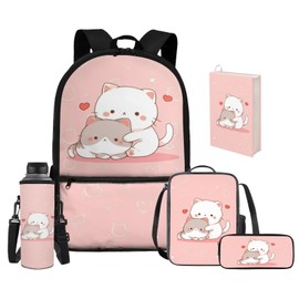 Upetstory Kawaii Cat Backpack for Girls 4-6 6-8 8-10 12-16 Kids School Bag with Lunch Box Pencil Case Middle School Bookbag Elementary Kindergarten Preschool Book Cover Water Bottle Sleeve