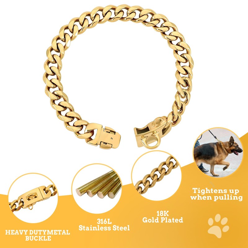 BAOBOTE 15MM Gold Stainless Steel Dog Collar with Cuban Link