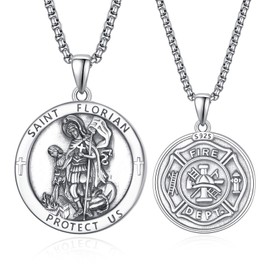 ADMETUS Saint Florian Necklace 925 Silver St Florian Fire Brigade Pendant Chain Saint Florian Necklace Saint Florian Fire Brigade Pendant Chain Medal Jewellery Gifts for Men, Sterling Silver, No