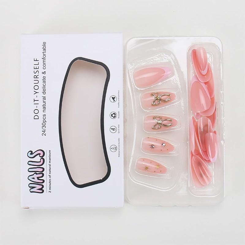 24Pcs Pink French Tip Press on Nails Medium Almond Fake