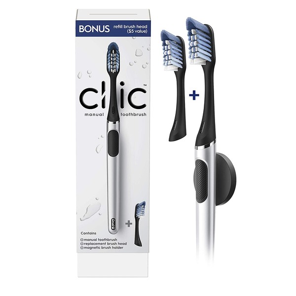 Oral-B Clic Manual Toothbrush, Chrome Black, with 1 Bonus Replacement Brush Head and Magnetic Toothbrush Holder