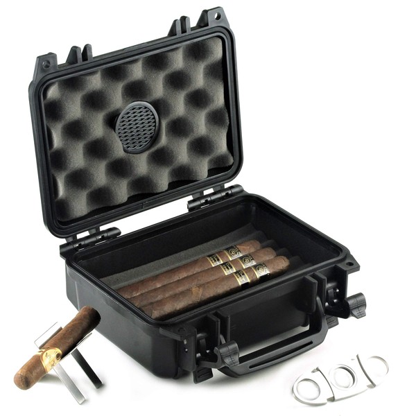 Mrs. Brog Waterproof, Airtight & Durable Travel Humidor Case Holds Up to 20 Cigars - Includes Cigar Cutter & Collapsible Cigar Stand with Accessories