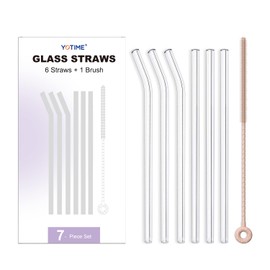 YOTIME 6-Pack Reusable Glass Straws Set, 8.5''x10MM, Set of 3 Straight and 3 Bent with 1 Silicone Cleaning Brush, Perfect for Smoothies, Juice, Milkshake and Coffee (Clear Straws, Pink Brush)