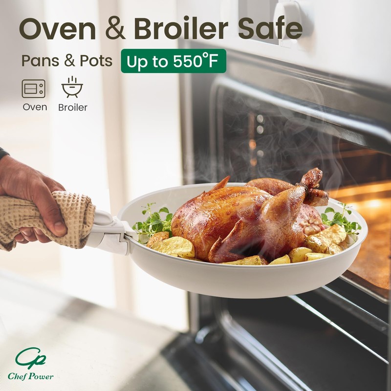 Chef Power Ceramic Cookware Set Non Toxic with Detachable Handles,
