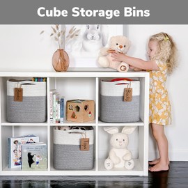 INDRESSME 11x11 Cube Storage Bins, 3-Pack Rope Woven Basket for Organizing Cube Toy Baskets Storage Kids, Square Baskets for Cloth Towel, Book Basket, Bathroom, White & Grey