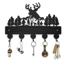 BEUNITONE Deer Wooden Key Holder Wall Mount Elk Wood Key Hanger Rustic Key Rack 11.8x7.9 Animal Forest Wooden Keychain Organizer Wall Mounted with 5 Hooks and Screws for Living Room Hallway Office
