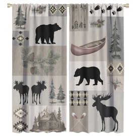 Rustic Bear Moose Deer Curtains, Retro Pine Tree Cabin Country Lodge Camping Window Treatments Vintage Tribal Aztec Abstract Geometric Blackout Window Drapes for Bedroom Living Room 42x45in