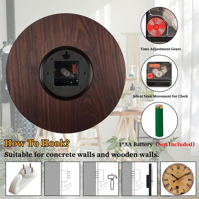 Eruner Rustic Large Wall Clock Silent Battery Operated for Farmhouse