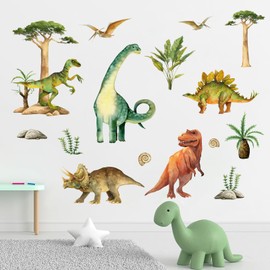 Yovkky Large Dinosaur Wall Decals Stickers, Dino Tropical Plant Tree Toddler Baby Nursery Classroom Decor, Conch Home Decorations Kids Boys Bedroom Playroom Art