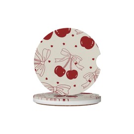 KWSAAHU Car Cup Holder Coasters, 2 Pcs Ceramic Coasters with Cork Back and Finger Slot, Anti-Slip Shock Absorbing Women and Men Universal Car Accessories - Vintage Cherry