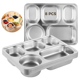 OMISTAR Stainless Steel Divided Plates (8 PCS), Rectangular 5 Sections Lunch Trays without Mixing Foods, 11 × 8.7 Inches Portion Control Plate for Adults, Kids, Campers, Picky Eaters, Easy to Clean