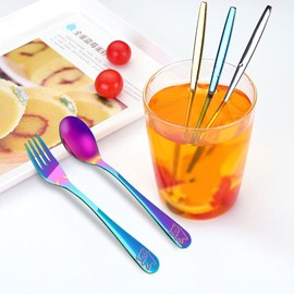 6 Pcs Stainless Steel Rainbow Kids Silverware Set, Children's Safe Utensil Little Bear Kids Cutlery Set Metal Toddler Utensils,3 x Children Safe Forks, 3 x Kids Spoons