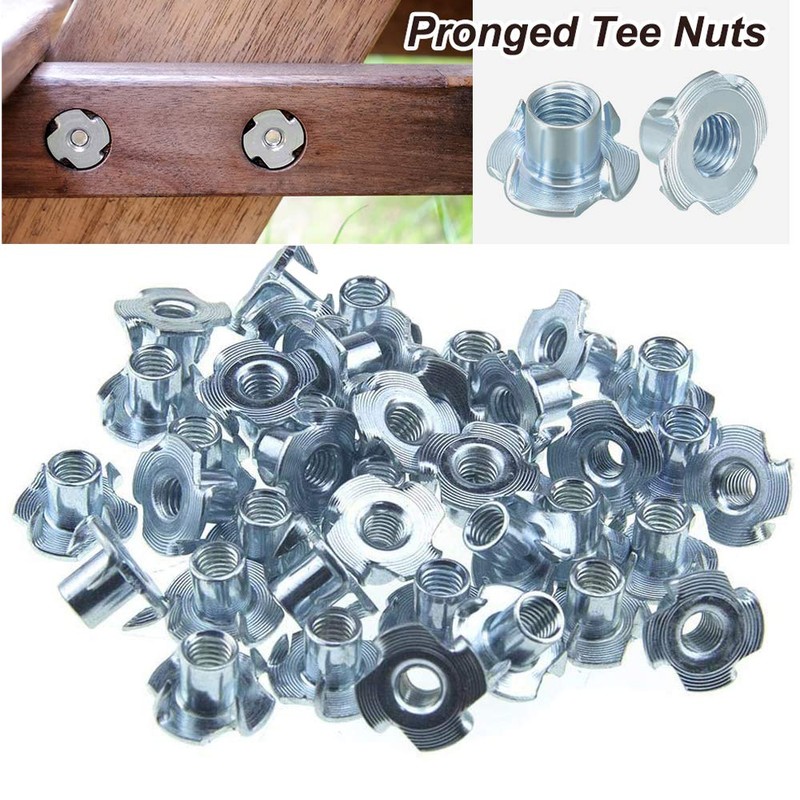 Bestgle 100pcs M6 T-Nuts 4 Pronged Zinc Plated Tee Nuts