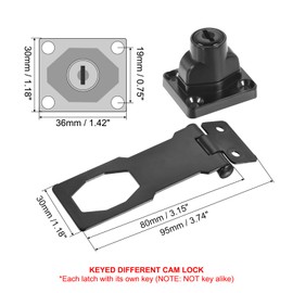 PATIKIL Keyed Hasp Locks, 3 Inch Twist Knob Locking Hasp Lock Metal Safety Hasp Latches for Cabinet Small Door, Keyed Different, Black