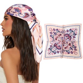 AWAYTR 27.5” Square Satin Head Scarf Hair Scarf for Women's Hair Silk Bandana for Women Silk Head Wrap for Sleeping (Cashew Print (Pink))