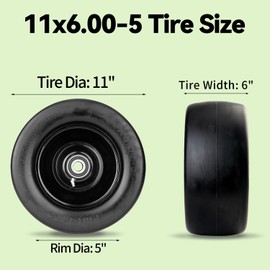 11x6.00-5 Flat Free Tire,with 3/4" or 5/8" and 1/2" Bearings, 6"- 8" Centered Hub, 11x6-5 Tires for Zero Turn Mower, Load 400lbs,Upgraded Large Bearing,More Durable