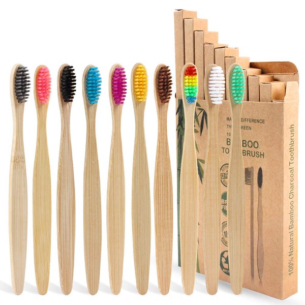 SWKJ Bamboo Toothbrushes with Soft Bristles,10 Packs of Organic Natural Adult Kids Bamboo Soft Toothbrush, Eco-Friendly and Plastic Free Packaging for Family and Travel Gifts (Multicolor)