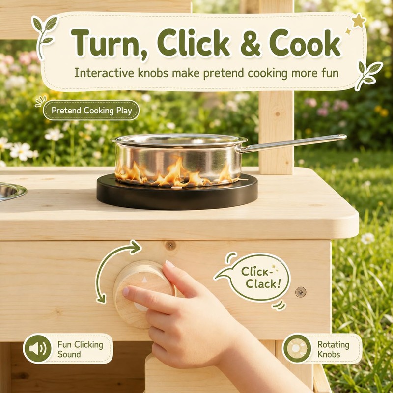 Wooden Outdoor Mud Kitchen for Kids, Waterproof Solid Wood Play