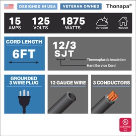 Thonapa 15 Amp Replacement Cord 6 Foot with Open End - 12 AWG Replacement Extension Cable 3 Prong to 3 Wire, 12/3 SJT, NEMA 5-15P - Black
