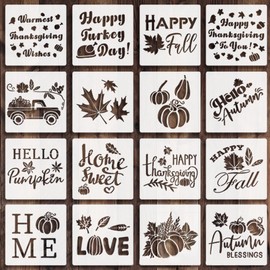 16 Pack Fall Stencils for Painting on Wood 6 Inch Hello Autumn Pumpkin Maple Leaf Truck Stencils,Resuable Happy Thanksgiving Templates for DIY Crafts Home Wall Canvas Cookie Window Decor