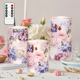Silverstro Hydrangea Rose Flameless Candles with Remote Control & Timer Function - Real Wax Glass Battery Operated Candles - Home Farmhouse Holiday Summer Decorations - Set of 3